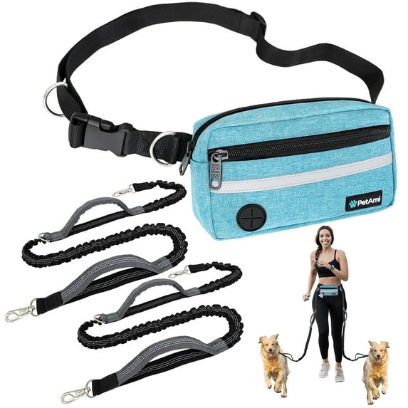 PetAmi Hands Free Dog Leash, Dog Running Leash Belt for Walking Jogging, Dog Waist Zipper Pouch Fanny Pack with Poop Bag Dispenser, Dual Padded Handle Bungee Leash for Small Medium Large Dogs, Double