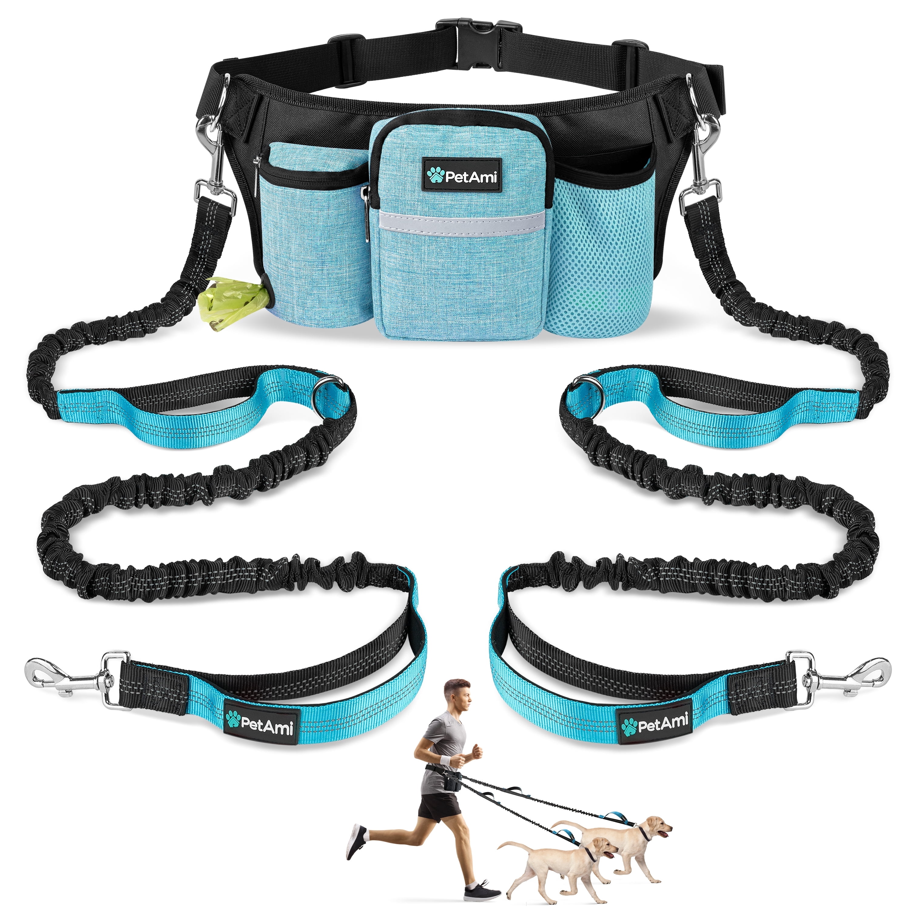PetAmi Premium Hands Free Dog Leash for 2 Dogs, Adjustable Waist Belt for Dog Walking, Fanny Pack Accessories Bag Dual Bungee for Running, Hiking, Jogging, Biking, Turquoise Blue