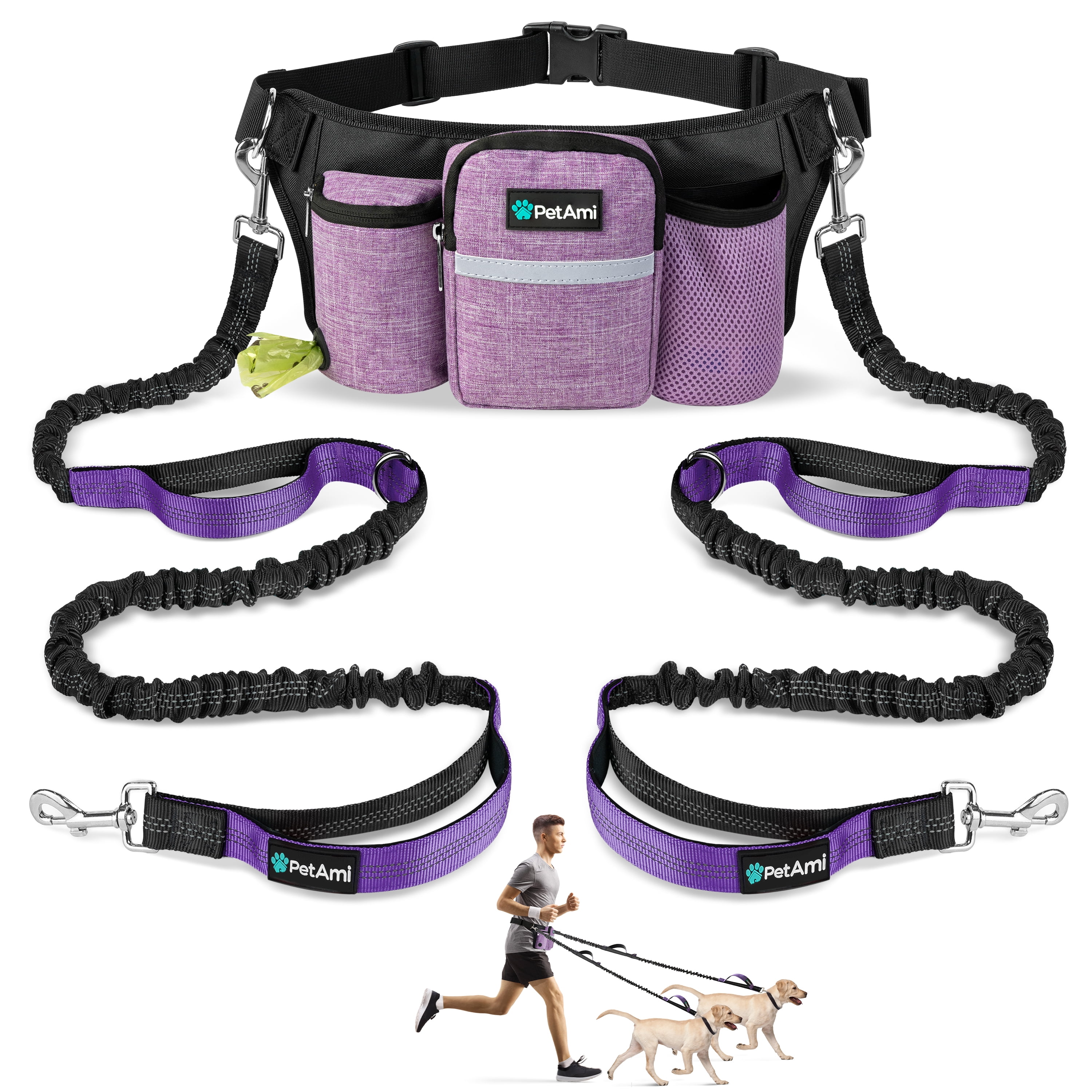 PetAmi Premium Hands Free Dog Leash for 2 Dogs, Adjustable Waist Belt Leash for Dog Walking, Fanny Pack Accessories Bag Dual Bungee Leash for Running, Hiking, Jogging, Biking, Purple