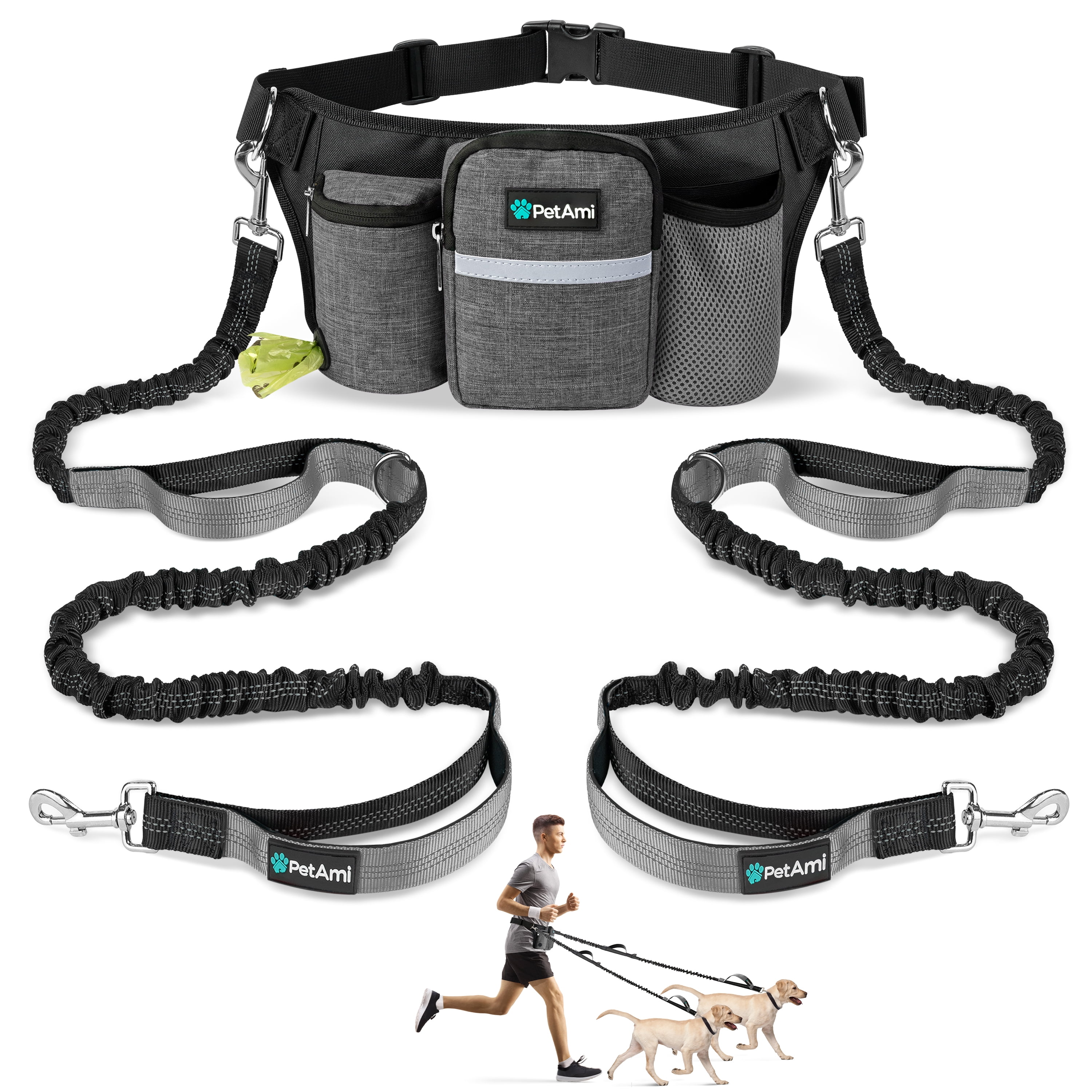 PetAmi Premium Hands Free Dog Leash for 2 Dogs, Adjustable Waist Belt Leash for Dog Walking, Fanny Pack Accessories Bag Dual Bungee Leash for Running, Hiking, Jogging, Biking, Charcoal Grey