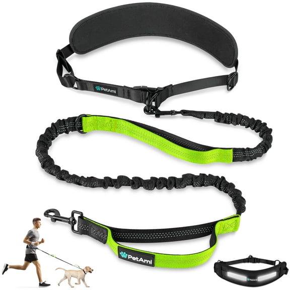 PetAmi Heavy Duty Hands Free Dog Leash, Adjustable Waist Belt for Large Dog Walking Up to 125 lbs, Bungee Leash for Pet Running, Hiking, Reflective Safety for Jogging, Biking, Grey Handle