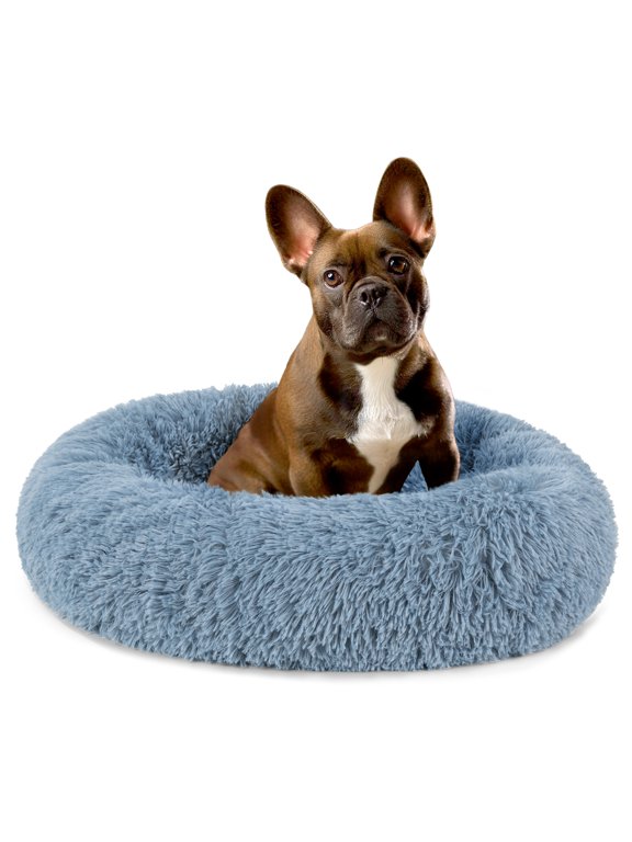 Calming Dog Bed for Small & Medium Dogs, Cats & Puppy,Warming Round Donut Cuddler Bed, Anti-Anxiety Fluffy Shaggy Faux Fur Pet Bed, Machine Washable, Non-Slip Bottom, 23 Inch - Blue