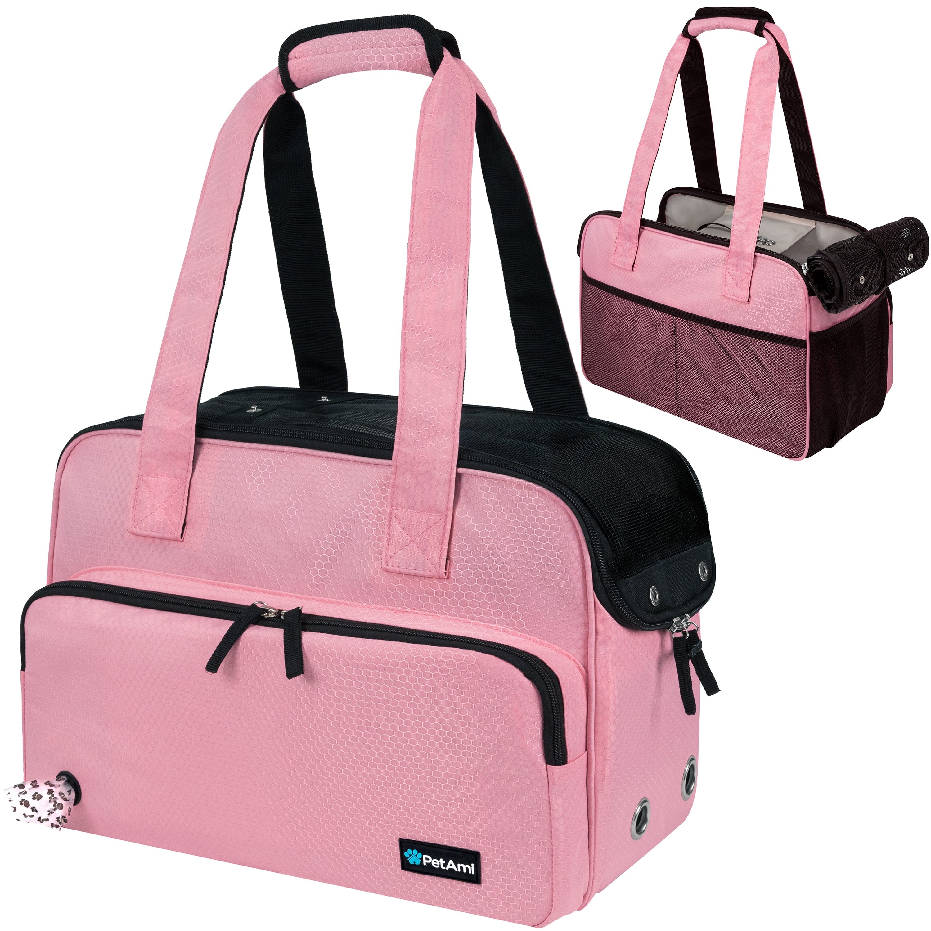 PetAmi Small Dog Purse Carrier, Soft Portable Pet Puppy Cat Travel Handbag Tote, Airline Approved Breathable Pockets Fleece Bed (Pink)