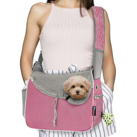 PetAmi Small Dog Sling Carrier, Soft-Sided Crossbody Puppy Carrying Purse Bag, Adjustable Sling Pet Pouch to Wear Medium Dog Cat Travel, Dog Bag for Traveling, Breathable, Poop Bag Dispenser, Pink