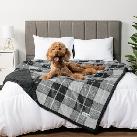 PetAmi Waterproof Dog Blanket for Couch, Extra Large 80x60, Pee Proof Sherpa Fleece Reversible Pet Throw, Furniture Protector for Bed Sofa Crate Kennel, Soft Washable Cover for Dogs Cats, Plaid Grey