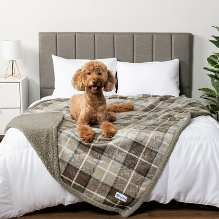 PetAmi Waterproof Dog Blanket for Medium Large XL Dog Puppy Cat Throw for Couch Cover Leakproof Protection, Sherpa Fleece, Reversible Soft Washable 80x60 Plaid Taupe
