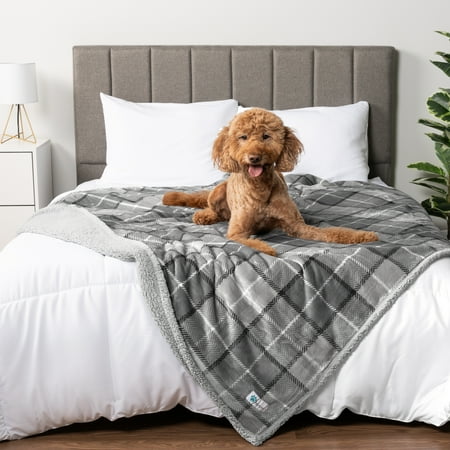 PetAmi Waterproof Dog Blanket for Medium Large XL Dog Puppy Cat Throw for Couch Cover Leakproof Protection, Sherpa Fleece, Reversible Soft Washable 80x60 Plaid Light Gray