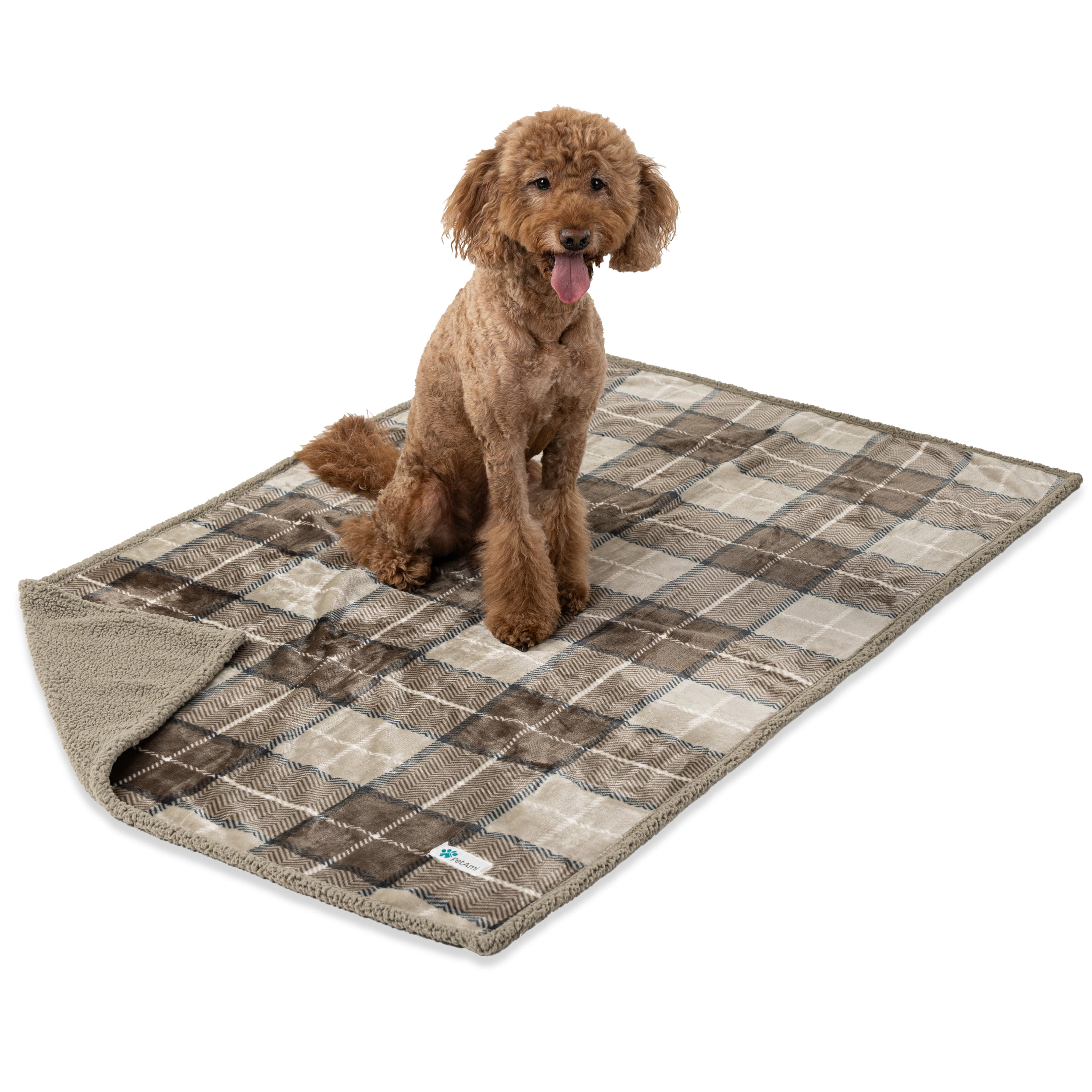 Large Plaid Taupe Waterproof Sherpa Fleece Outdoor Pet Blanket