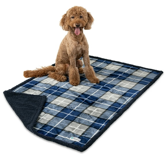 PetAmi Waterproof Dog Blanket for Medium Large Dog Puppy Cat Throw for Couch Cover Leakproof Protection, Sherpa Fleece, Reversible Soft Washable 60x40 Plaid Navy Blue