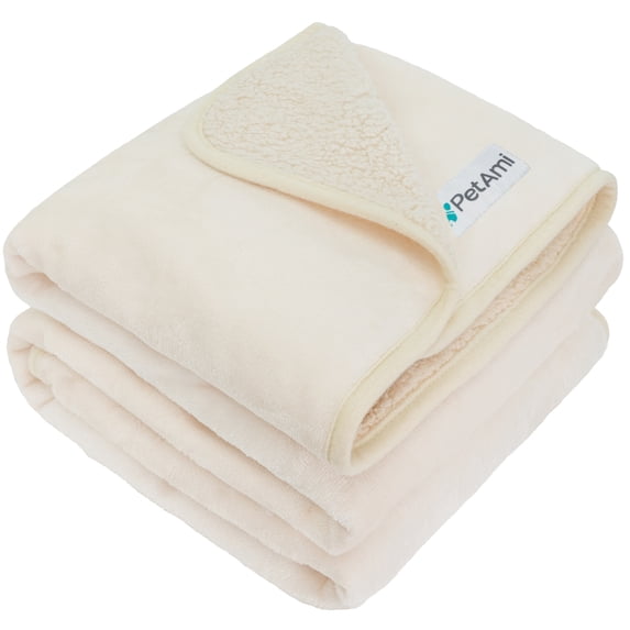 PetAmi Waterproof Dog Blanket For Large Giant Dogs, Pee Proof Pet Blanket Sherpa Fleece Crate Cover, Reversible Cat Throw Bed Kennel Protector, Soft Plush Washable Pad (Queen 90x90, Beige)