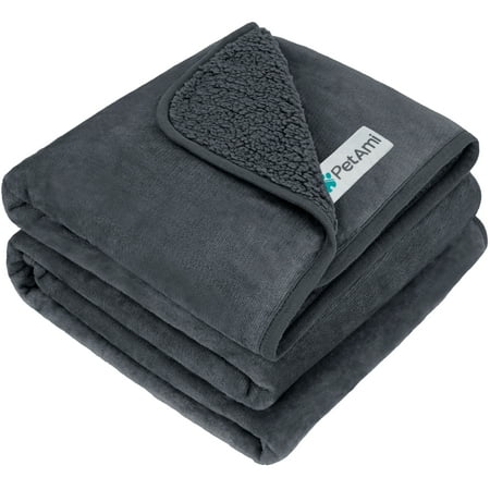PetAmi Waterproof Dog Blanket For Large Giant Dogs, Pee Proof Pet Blanket Sherpa Fleece Crate Cover, Reversible Cat Throw Bed Kennel Protector, Soft Plush Washable Pad (Queen 90x90, Gray)