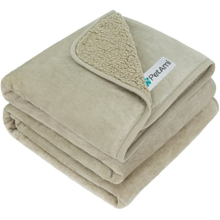 PetAmi Waterproof Dog Blanket For Large Giant Dogs, Pee Proof Pet Blanket Sherpa Fleece Crate Cover, Reversible Cat Throw Bed Kennel Protector, Soft Plush Washable Pad (Queen 90x90, Taupe)