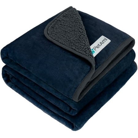 PetAmi Waterproof Dog Blanket For Medium Large Dogs, Pee Proof Pet Blanket Sherpa Fleece Couch Cover, Reversible Cat Throw Bed Sofa Protector, Soft Plush Washable Pad (Large 40x60, Blue/Gray)