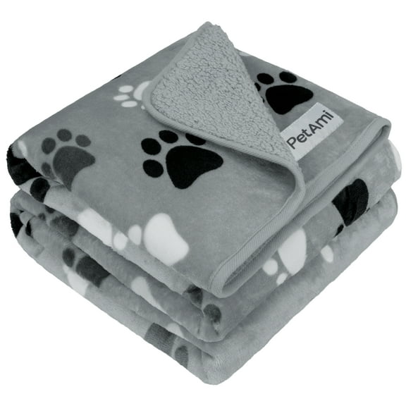 PetAmi Waterproof Dog Blanket For Medium Large Dogs, Pee Proof Pet Blanket Sherpa Fleece Couch Cover, Reversible Cat Throw Bed Sofa Protector, Soft Plush Washable Pad (Large 40x60, Paw Print Gray)