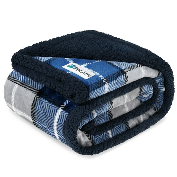 PetAmi Waterproof Dog Blanket for Small Medium Dog Puppy Cat Throw for Couch Cover Leakproof Protection, Sherpa Fleece, Reversible Soft Washable 29x40 Plaid Navy Blue