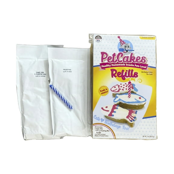 PetCakes Birthday Treat Mix Refills for Cats - Make Healthy Cakes - Includes 1 Cake Mix, 1 Frosting & Candle, Cheese Flavor - Net Wt. 3oz