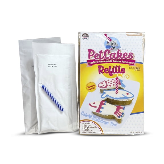 PetCakes Birthday Treat Mix Refills for Cats  - Make Healthy Cakes - Includes 1 Cake Mix, 1 Frosting & Candle, Turkey Flavor  - Net Wt. 3oz