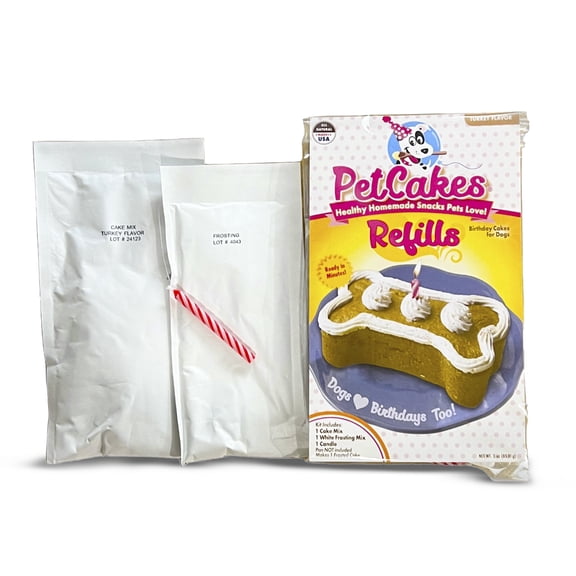 PetCakes Birthday Treat Mix Refills for Dogs - Make Healthy Cakes for Pets- Includes 1 Cake Mix, 1 Frosting & Candle, Turkey Flavor - Net Wt. 3oz