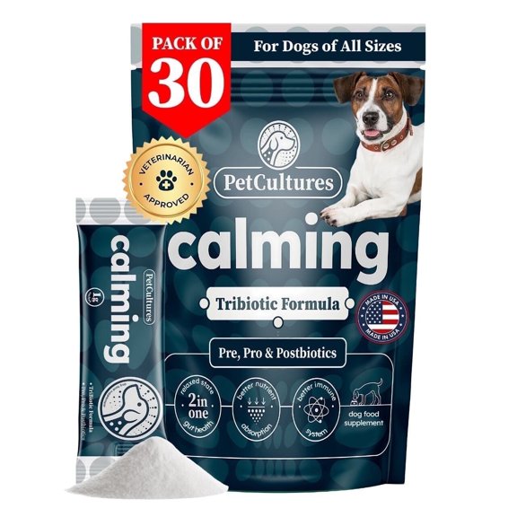 PetCultures Calming Formula Anxiety Relief Powder for Dogs, 30 Count, 100mg L-Theanine & L-Tryptophan, Probiotics for dogs Made in USA