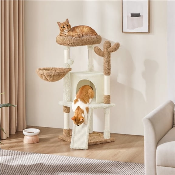 PetFurnish 42 Height Cactus Cat Tree - with Natural Sisal, Cozy Basket & Durable Scratching Posts, Ideal for Indoor Cats/Kittens, Plush & Particleboard Build