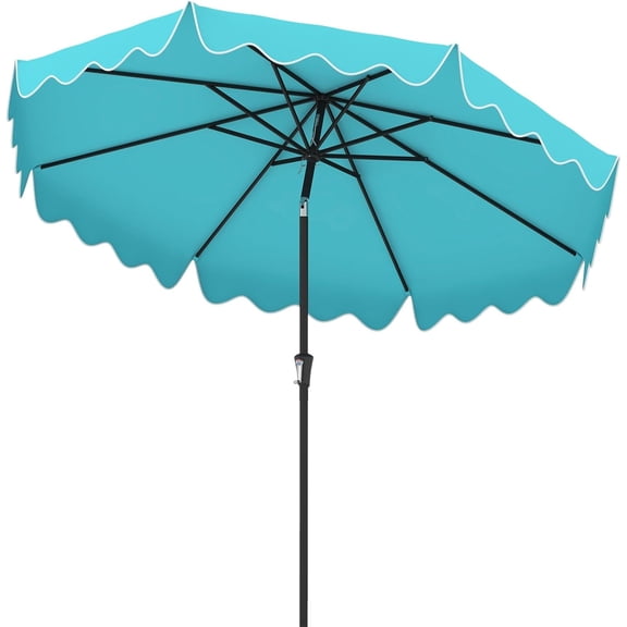 PetFurnish 9 FT Ruffled Patio Umbrella with Push Button Tilt, Crank, 8 Ribs, Outdoor Heavy-Duty Market Table Umbrella for Yard Garden Pool-Turquoise