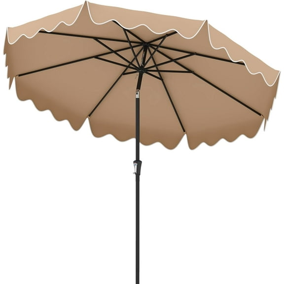 PetFurnish 9 FT Ruffled Patio Umbrella with Push Button Tilt, Crank, 8 Ribs, Outdoor Heavy-Duty Market Table Umbrella for Yard Garden PoolBrown-Brown