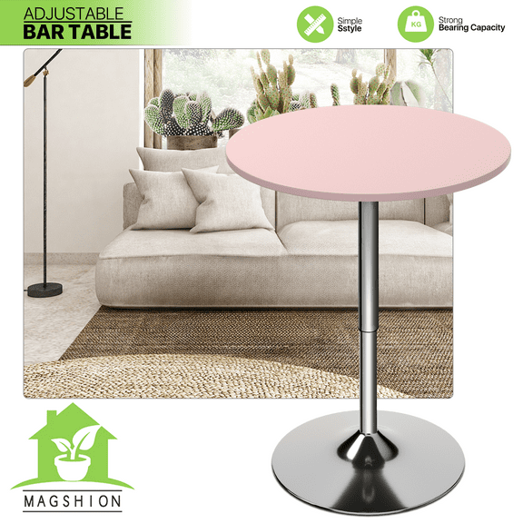PetFurnish Bistro Pub Bar Table - 360-Degree Swivel Round Table with Adjustable Height, Wooden Tabletop for Kitchen, Dining Nook, Small Space, Café & Home Bar, Sturdy Metal Base-Pink