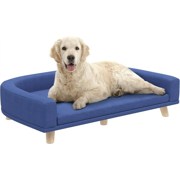PetFurnish Dog Sofa Couch, Pet Bed with Comfortable Luxury Cushion, Washable Cover, Wooden Legs, Anti-Slip Mat for Large Dogs, Cats, Kittens-Blue