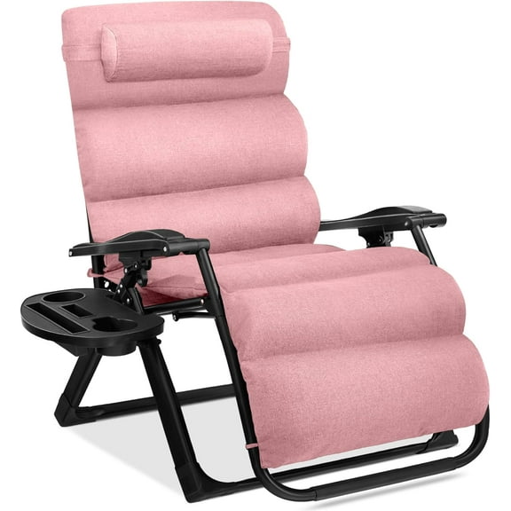 PetFurnish Oversized Zero Gravity Chair, Folding Outdoor Patio Recliner, XL Anti Gravity Lounger w/Removable Cushion, Cup Holder, Side Tray, 350lb Capacity - Pink