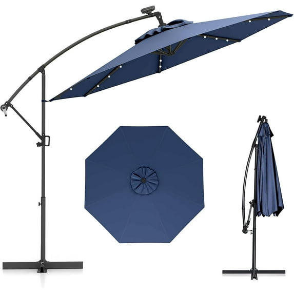 PetFurnishn 10 FT Offset Hanging Umbrella with Solar LED Lights, Patio Cantilever Umbrella with Easy Tilt Adjustment, Crank, 360° Rotation, Outdoor Market Umbrella for Pool Garden Deck-Navy