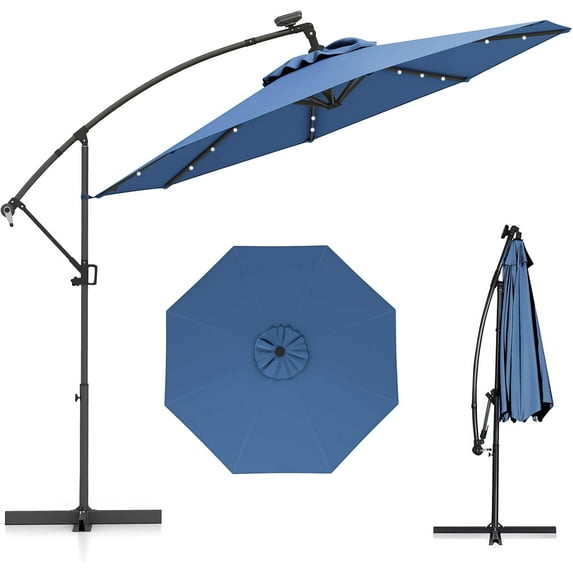 PetFurnishn 10 FT Offset Hanging Umbrella with Solar LED Lights, Patio Cantilever Umbrella with Easy Tilt Adjustment, Crank, 360° Rotation, Outdoor Market Umbrella for Pool Garden Deck-Blue