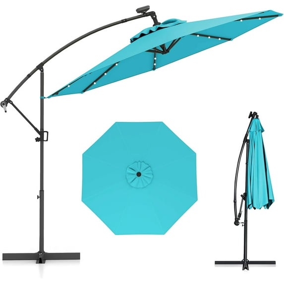 PetFurnishn 10 FT Offset Hanging Umbrella with Solar LED Lights, Patio Cantilever Umbrella with Easy Tilt Adjustment, Crank, 360° Rotation, Outdoor Market Umbrella for Pool Garden Deck-Turquoise