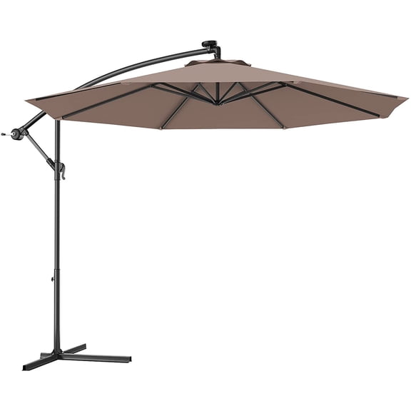 PetFurnishn 10ft Offset Patio Umbrella with Cross Base, Tan, Polyester Fabric, 96% Sunlight Protection