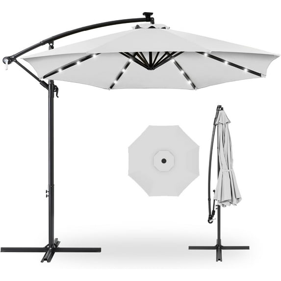 PetFurnishn 10ft Solar LED Offset Hanging Market Patio Umbrella for Backyard, Poolside, Lawn and Garden w/Easy Tilt Adjustment, Polyester Shade, 8 Ribs - Fog Gray