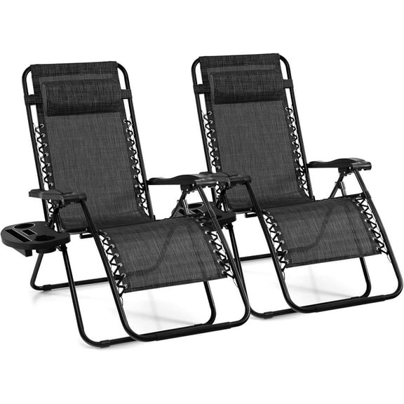 PetFurnishn 2 PCS Zero Gravity Chair, Outdoor Chaise Lounge with Cup Holder, Patio Folding Chairs Recliner for Yard Pool Lawn Balcony, Gray