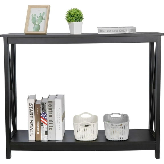 PetFurnishn 2-Tier Narrow Console Sofa Side Wall Table for Hallway Foyer Table Sofa Long Accent Table for Living Room, Black