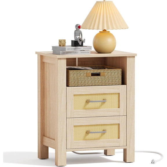 PetFurnishn 26.18" End Table with Charging Station and Rattan Drawers, Farmhouse Nighstand, Wooden Storage Bedside Table, Living Room, Bedroom(1, Light Oak)