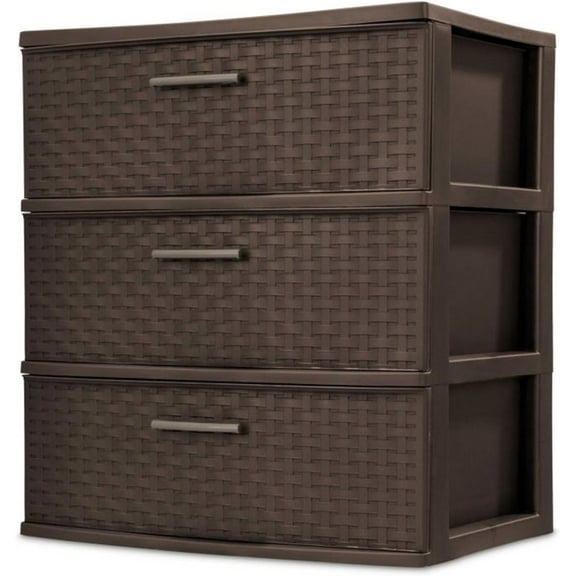 PetFurnishn 3 Drawer Wide Weave Storage Tower, Plastic Drawers to Organize Clothes in Bedroom, Closet, 2-Pack, Brown