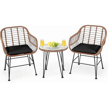 PetFurnishn 3 Piece Patio Bistro Set PE Rattan Wicker Armchairs and Coffee Table Set with Cushions for Garden Backyard Balcony Poolside-Black