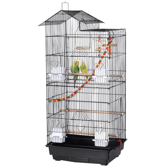 PetFurnishn 39'' Large Roof Top Parrot Cage Bird Cage Lovebird Huge House Birdcage w/ Toys, Black