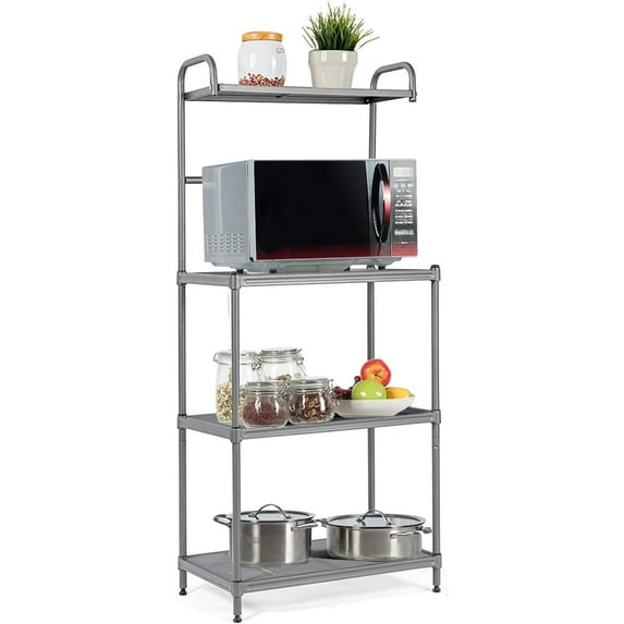 PetFurnishn 4-Tier Bakers Rack, Kitchen Storage Rack Microwave Oven Stand, Strong Mesh Wire Metal Shelves, Free Standing Shelving Utility Unit-Grey