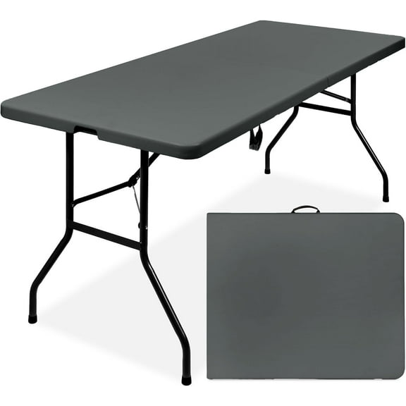 PetFurnishn 6ft Plastic Folding Table, Indoor Outdoor Heavy Duty Portable w/Handle, Lock for Picnic, Party, Camping - Dark Gray