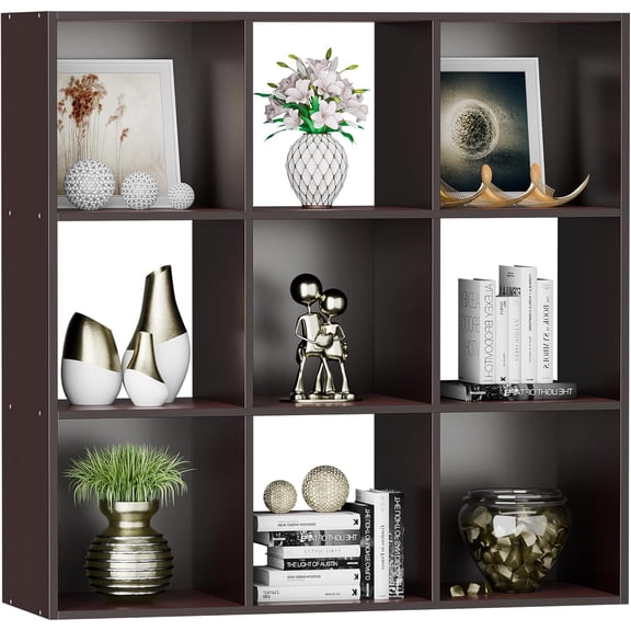 PetFurnishn  9 Cube Open Shelf Bookcase 3 Tier Bookshelf Wood Cabinet Storage Organizer Display Shelves with 5 Removable Back Panels for Home, Office, Bedroom, Living Room-Dark Brown