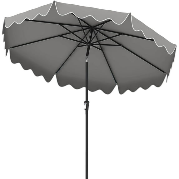 PetFurnishn 9 FT Ruffled Patio Umbrella Outdoor Umbrella with Push Button Tilt, Crank, 8 Ribs, Fade-resistant Canopy, Heavy-Duty Market Table Umbrella for Yard Garden Pool-Grey