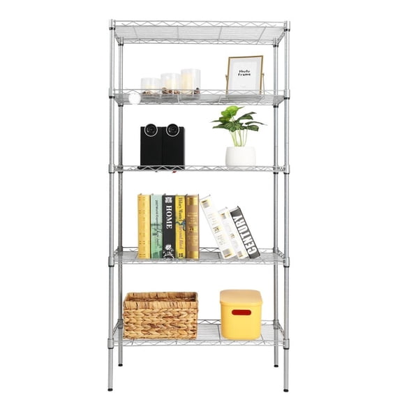 PetFurnishn Adjustable Height 5 Tier Metal Storage Rack - Kitchen Standing Shelves, Heavy-Duty Metal Shelving Unit for Pantry, Garage, Bathroom & Home, Multi-Layer Storage Organizer