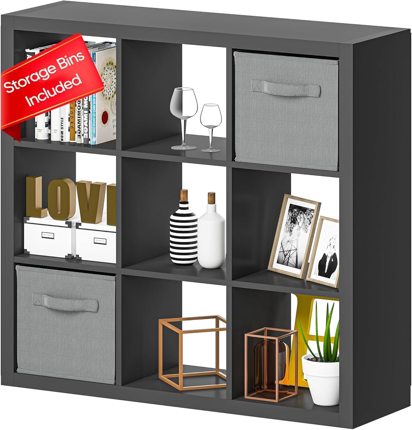 PetFurnishn Bookshelf 9-Cube Storage Organizer Sturdy Wooden Bookcase ...