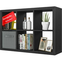PetFurnishn Bookshelf with Storage Bin, 6-Cube Storage Organizer, Modern Wood Open Bookcase, Multifunctional Display Shelf for Living Room, Bedroom, Home Office-6 Cube-Black