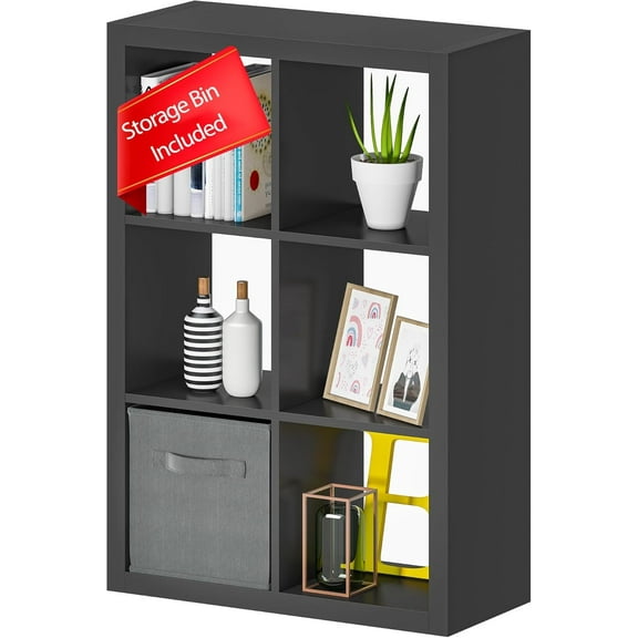 PetFurnishn Bookshelf with Storage Bin, 6-Cube Storage Organizer, Modern Wood Open Bookcase, Multifunctional Display Shelf for Living Room, Bedroom, Home Office-6 Cube-Matte Black