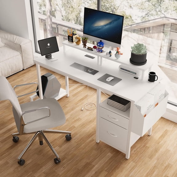 PetFurnishn  Computer Desk with Drawer and Power Outlets, 47" Workstation with 2 Monitor Stands and Fabric File Cabinet, Writing Gaming Table with Shelves and Hooks for Study Room, White