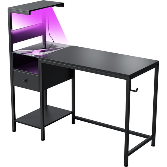PetFurnishn Computer Gaming Desk with Power Outlet and LED Lights, Reversible Study Writing Table with Storage Shelves and USB Ports, PC Desk Home Office Workstation, Black